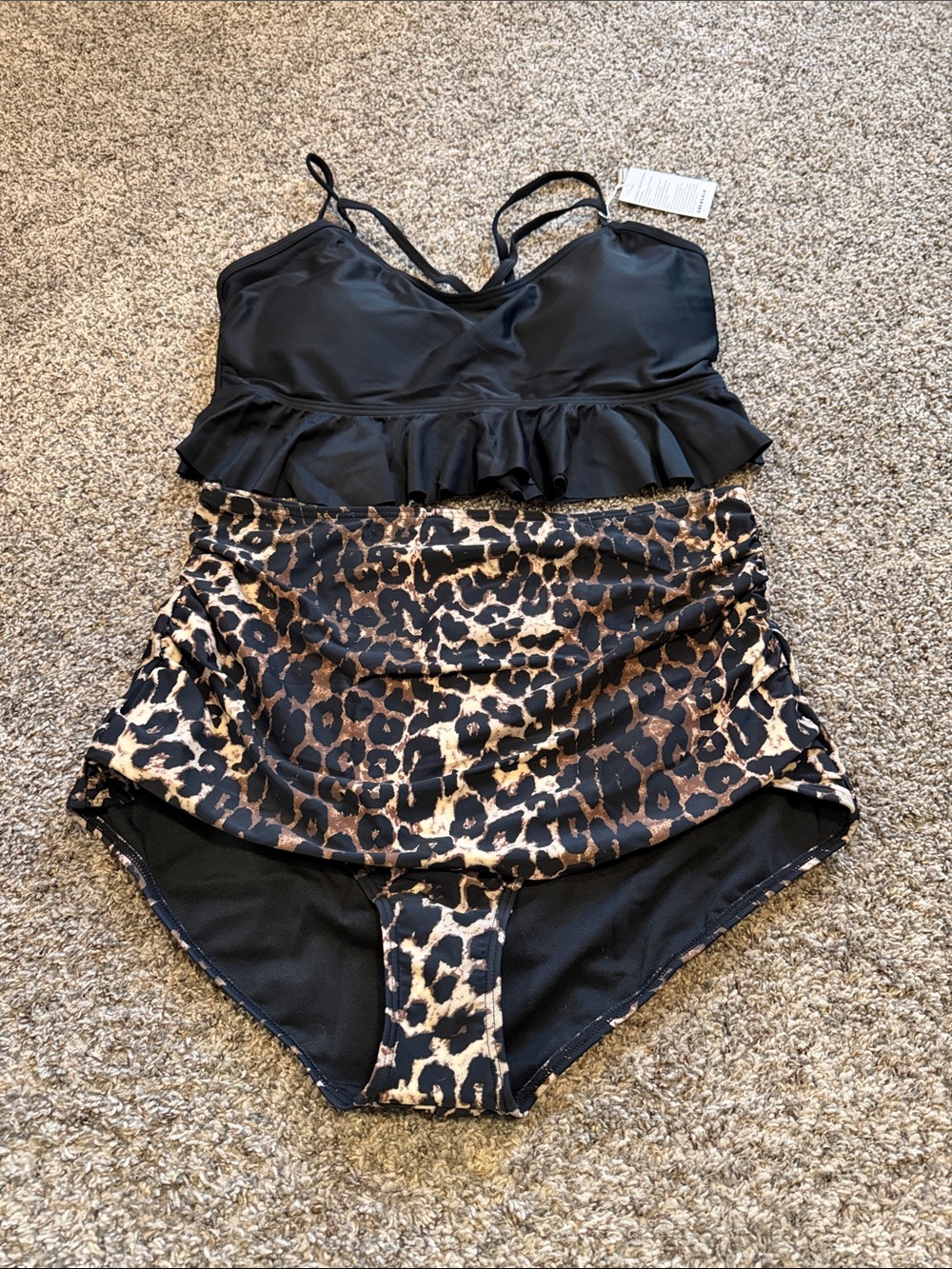 NWT Cocoship Black Ruffle Tankini Top Leopard High-Waist Swim Bottoms Size 16